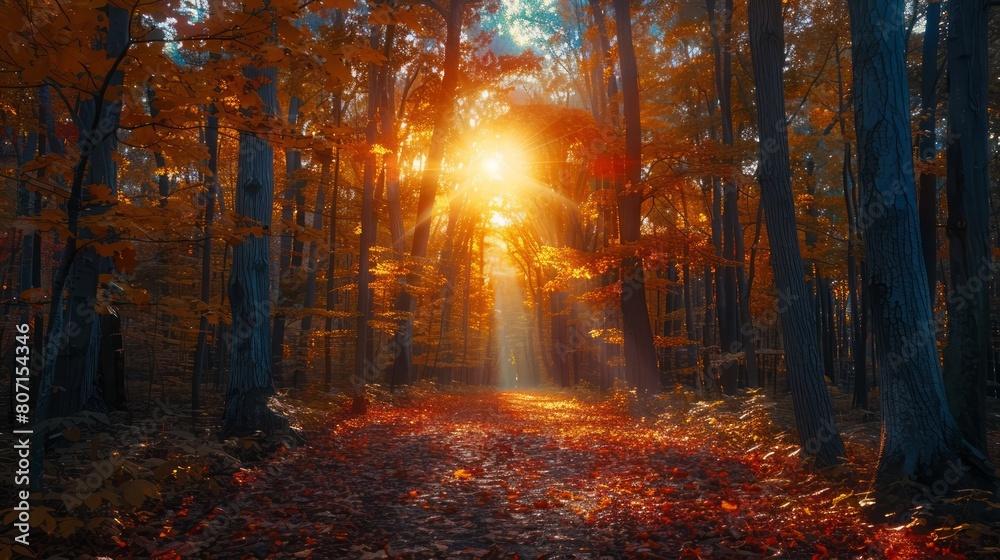 A forest path is illuminated by the sun, casting a warm glow on the leaves. The scene is peaceful and serene, with the sunlight filtering through the trees and creating a beautiful, natural atmosphere