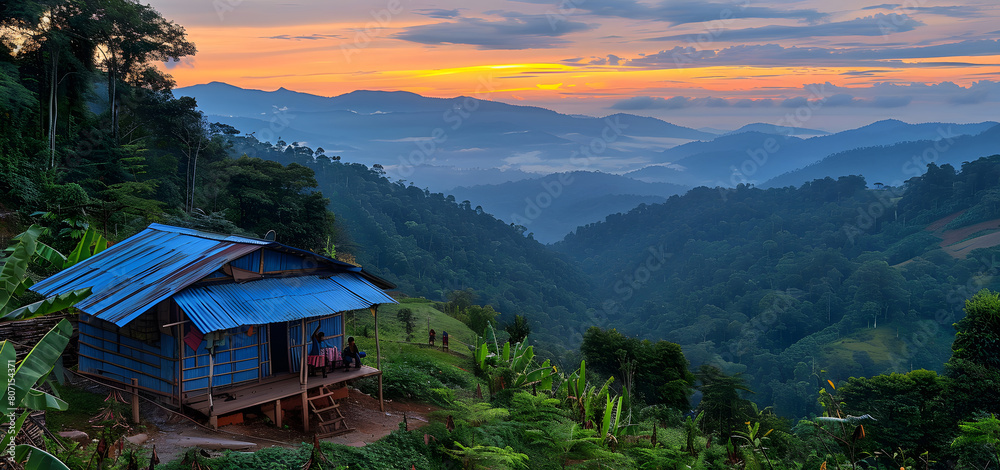 Naklejka premium Evening rural mountain tree hut scene with playing children High quality photo