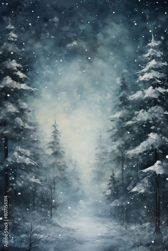 A painting that looks calm and peaceful. Snowy atmosphere in winter.