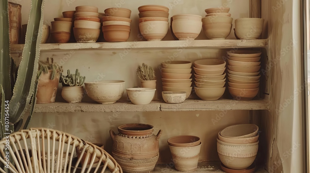 A variety of ceramic pots and bowls are displayed on shelves in a rustic setting boho style A variety of ceramic pots and bowls are displayed on shelves in a rustic setting boho style