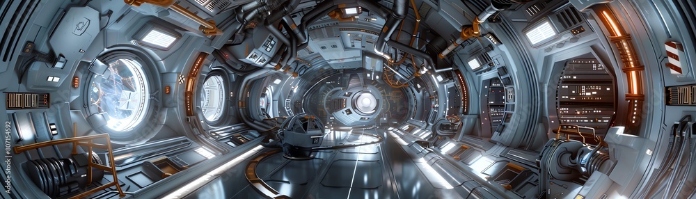 Visualize a worms-eye view of a sci-fi space station interior Visualize a worms-eye view of a sci-fi space station interior