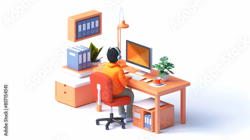 Remote Worker Setting up Desk for Productive Week - 3D Flat Icon Concept