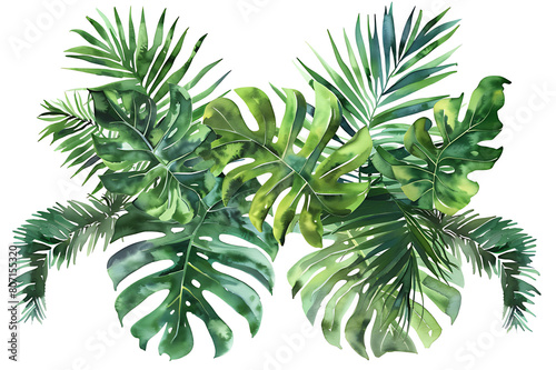 Watercolor painting realistic Green leaves of tropical plants bush  Monstera  palm  fern  rubber plant  pine  birds nest fern  floral arrangement isolated on white background.