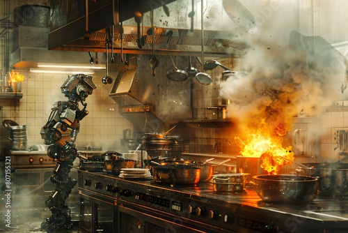 Capture the dynamic movement of the Robot Chefs mechanical arms amidst a chaotic array of steaming pots and sizzling pans in a Dystopian Kitchen with a stark contrast between harsh