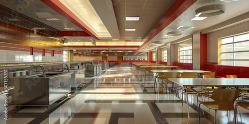Cafeteria Floor: Featuring dining tables, serving counters, food stations, and trash/recycling areas