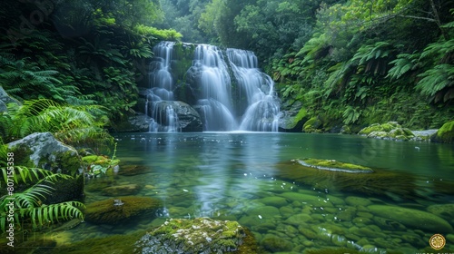 A beautiful waterfall is surrounded by lush green trees and rocks. The water is crystal clear and the atmosphere is peaceful and serene