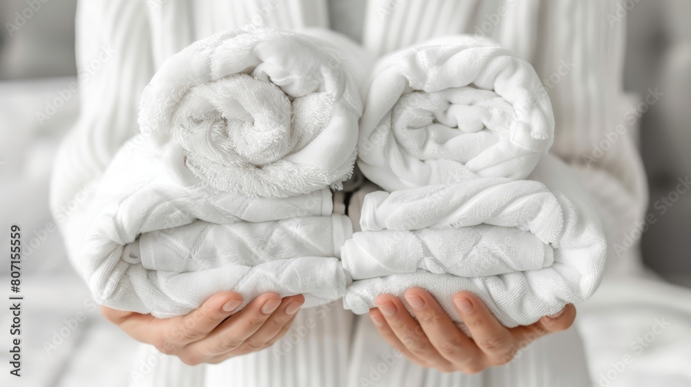 Obraz premium A person stands before a white bed, holding a stack of white towels The bed is dressed in white sheets