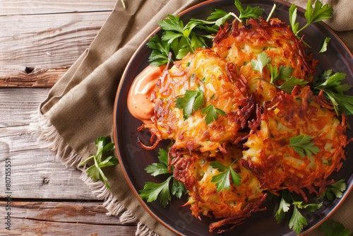 Potato latkes with greens and sauce on a plate on a table web banner photo