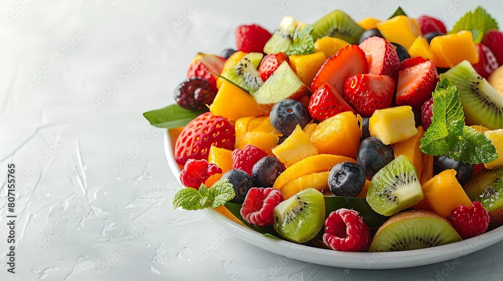 tropical fruit salad on transparent background featuring sliced kiwi, red strawberries, and green leaves
