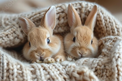 Two adorable bunnies snuggled up together under a cozy blanket