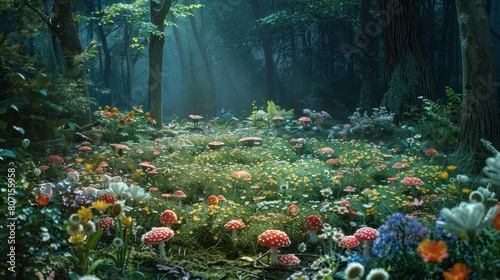 A field of flowers and mushrooms with a bright, sunny sky in the background photo