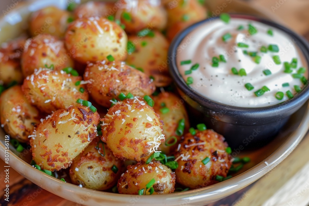 Potatoes with parmesan crust served with mayo dip Potatoes with parmesan crust served with mayo dip
