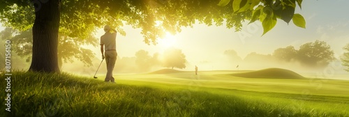 A peaceful early morning golf scene, with a golfer taking a swing surrounded by the soft light and mist of dawn