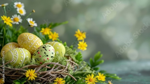   A basket brimming with yellow and white eggs sits atop a verdant field strewn with daisies
