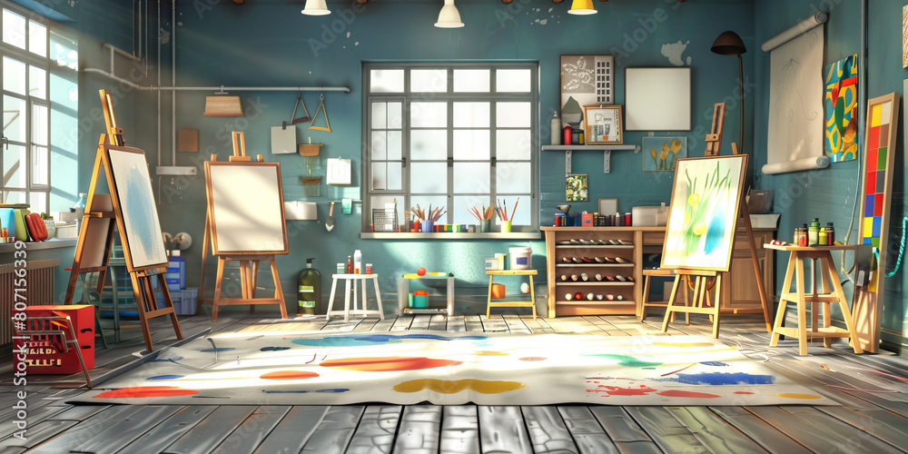 Art Room Floor: Showing art supplies, easels, drying racks, and ...