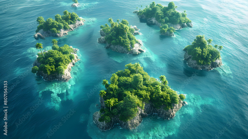 Algorithmic Archipelago: A Series of Digital Islands in Photo Stock Concept - Photo Realistic
