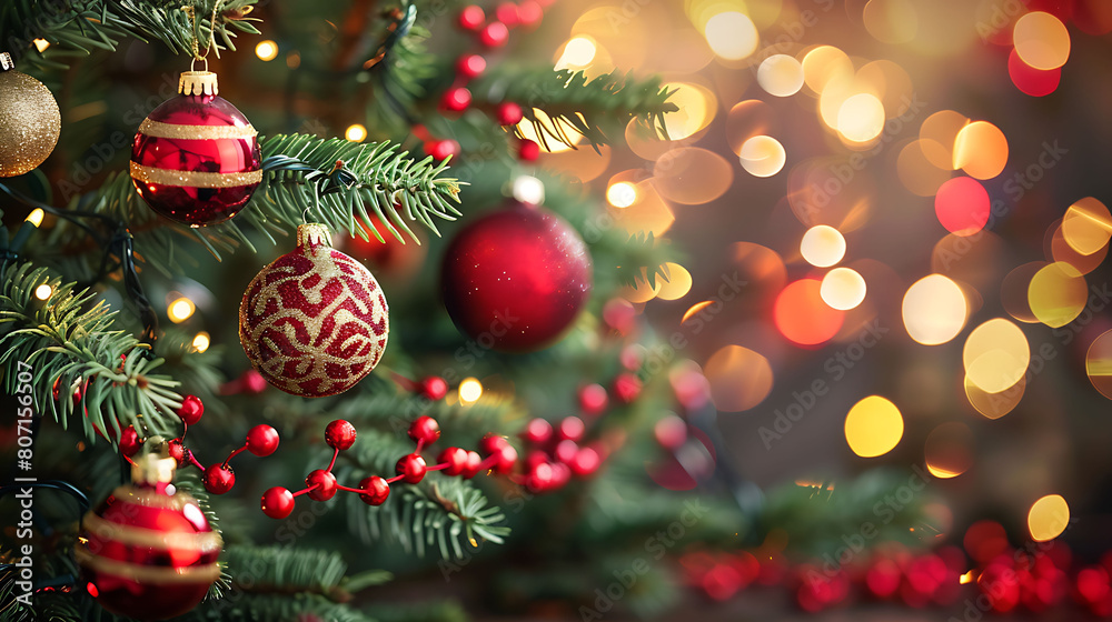 
Christmas tree with red and gold baubles on bokeh background.
Closeup of a decorated Christmas tree branch. 