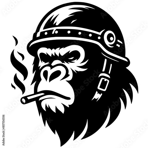 Silhouette of a gorilla head wearing a helmet