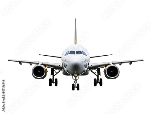 a white airplane with yellow tail and wheels