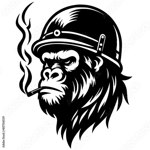 Silhouette of a gorilla head wearing a helmet