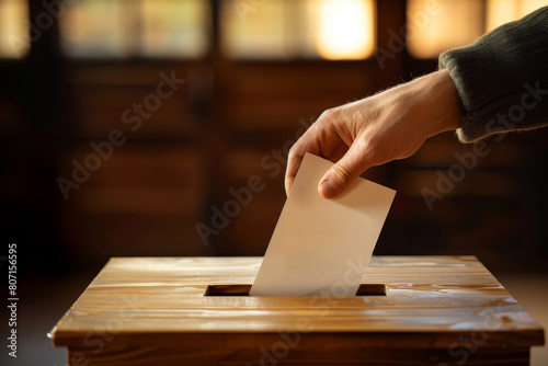 Close-up image captures the hand of a person as they participate in democracy by inserting their voting paper into a wood ballot box, illuminated by warm, soft light © Alexandra