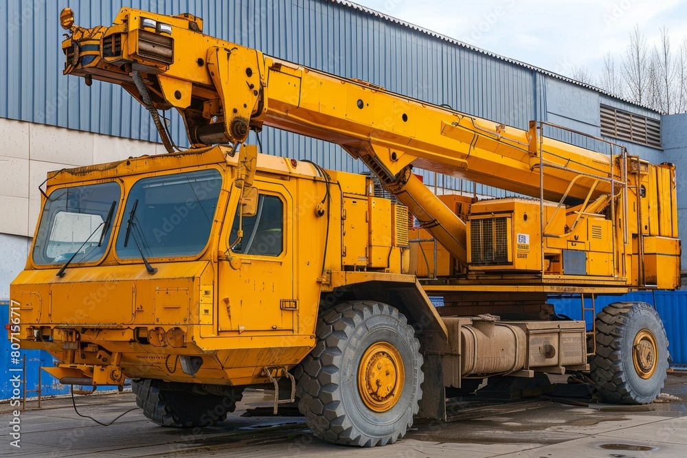 Profile of yellow crane with extended beam in open cabin Profile of yellow crane with extended beam in open cabin