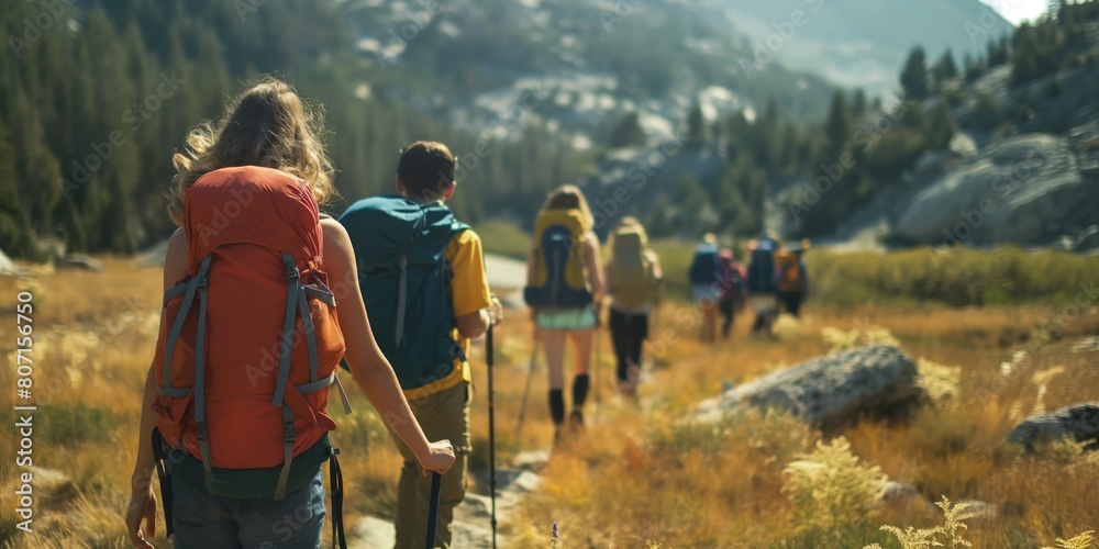 A group of friends with backpacks walking on a mountain trail surrounded by autumn foliage and serene nature