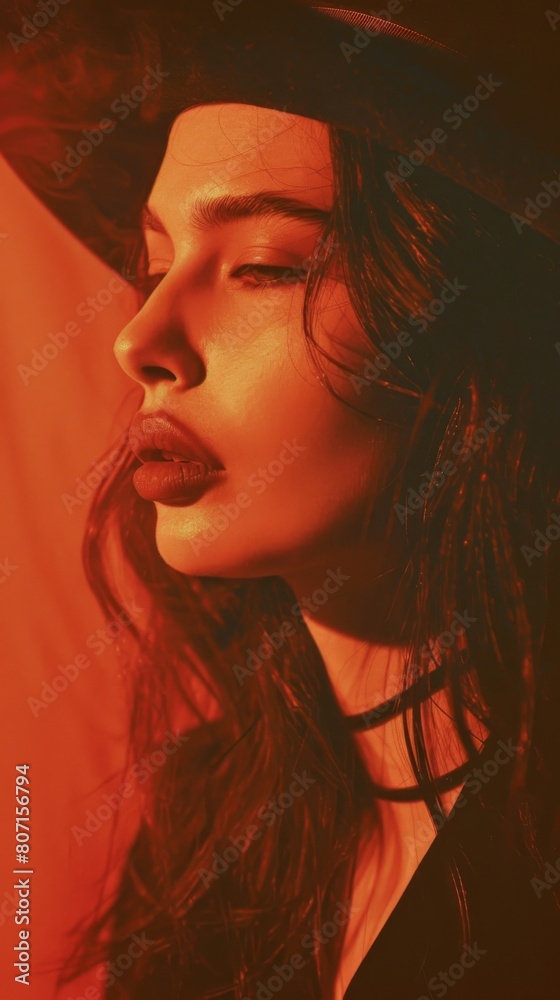 A captivating woman with flowing locks dons a stylish hat in a vintage-inspired setting
