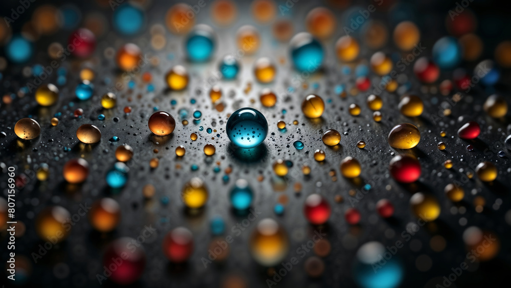 close-up of many multi-colored drops of liquid on a dark surface