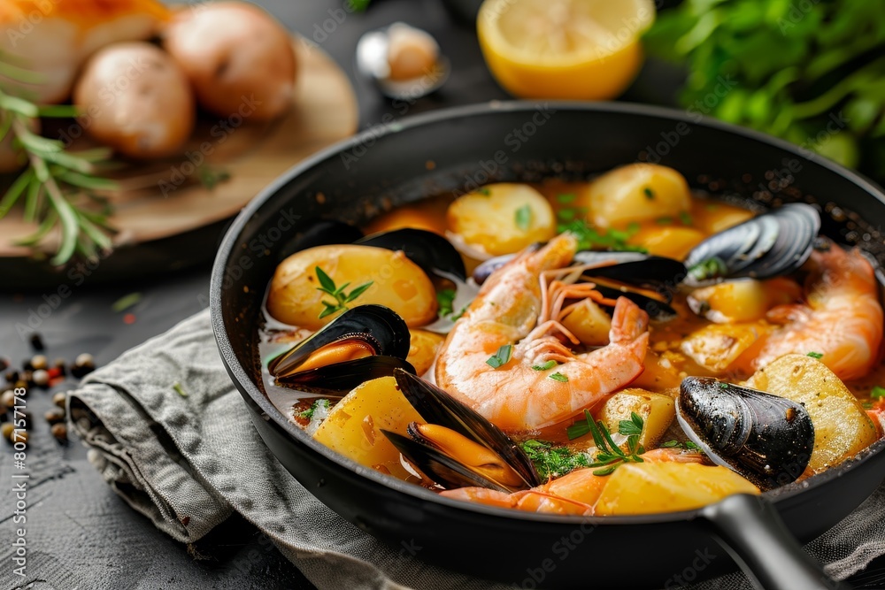 Seafood stew with potatoes shrimps herbs and fish in a pan on the table Seafood stew with potatoes shrimps herbs and fish in a pan on the table
