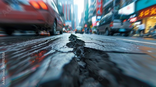 A crack in the asphalt road surface photo