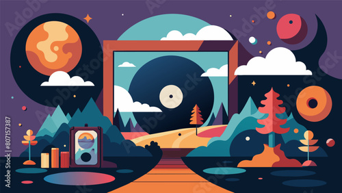 A surreal and dreamlike scene covers the backdrop of a classic vinyl cover taking the viewer on a journey through the artists imagination. Vector illustration