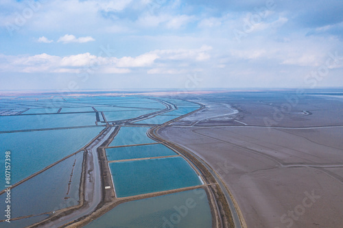 Aerial photography of the seaside and aquaculture farms in Dongying City, Shandong Province photo