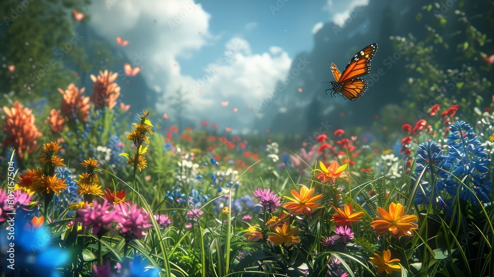 A butterfly is flying in a field of flowers. The scene is bright and colorful, with a mix of different types of flowers. The butterfly is the main focus of the image