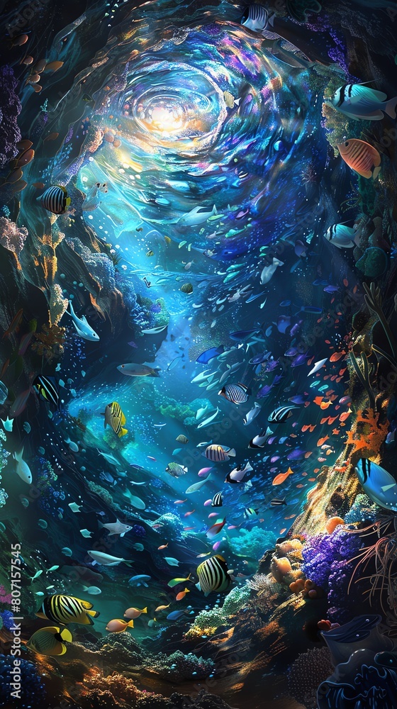 Explore the depths of an underwater vista captured at eye-level Explore the depths of an underwater vista captured at eye-level