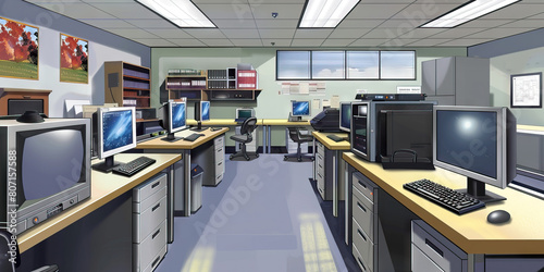 Computer Lab Floor: Displaying computer workstations, printers, and networking equipment for computer-based learning