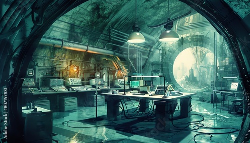 Illustrate a futuristic laboratory with twisted