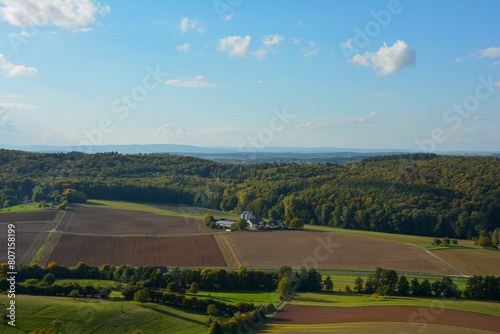 View of a green landscape with farmland