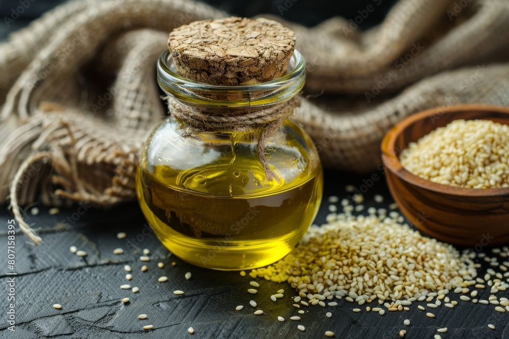 Sesame seeds and oil on table Sesame seeds and oil on table
