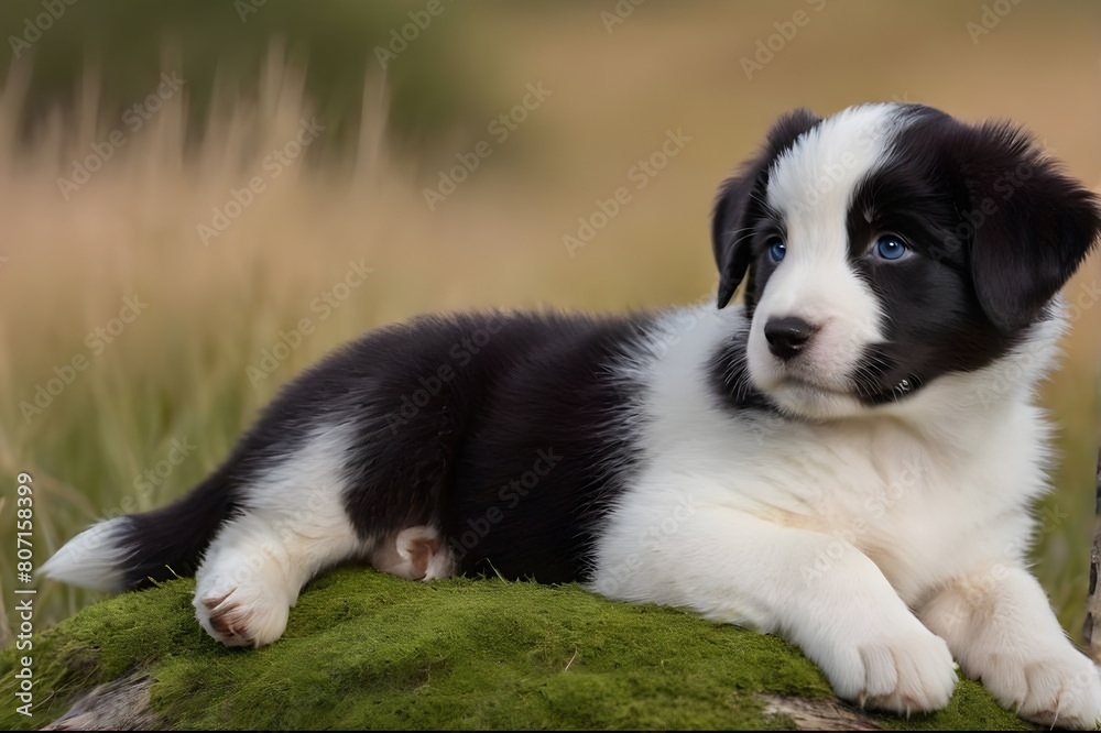 A black and white puppy with blue eyes is lying on a green mossy rock in a field.