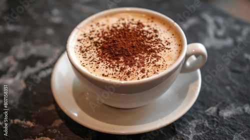 A white coffee cup with a white saucer and a brown powder on top. The cup is sitting on a black surface