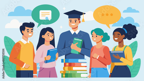 A group of college students discussing the importance of student loans and credit scores topics they learned about in high school financial education. Vector illustration