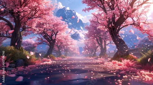 A beautiful scene of cherry blossoms with a mountain in the background. The trees are pink and the sky is blue photo