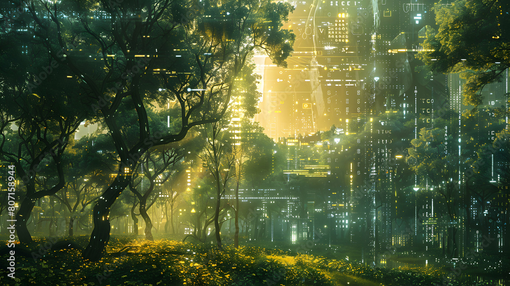 Networked Ecosystem: Cybernetic Forest Glade in Photorealistic Style