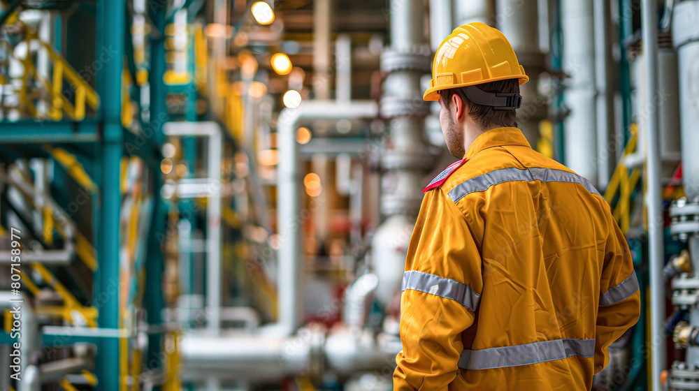 A man in a yellow safety suit is standing in a large industrial area. He is wearing a hard hat and looking up at something. Concept of caution and safety in a potentially hazardous environment