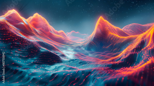 Cybernetic Canyons: A Photo Realistic Digital Landscape of Data Layers Representing Cyberspace in Photo Stock Concept photo