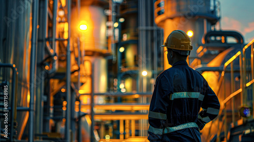 A man in a hard hat stands in front of a large industrial plant. The scene is dark and industrial, with the man looking up at the sky. Scene is serious and focused