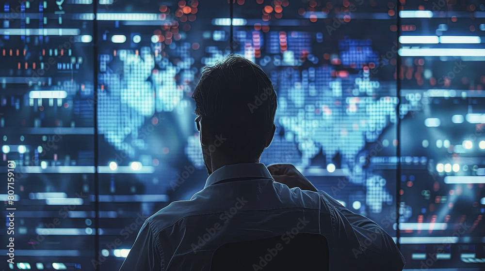 A man is sitting in front of a computer monitor with a map on it. He is looking at the screen intently A man is sitting in front of a computer monitor with a map on it. He is looking at the screen intently