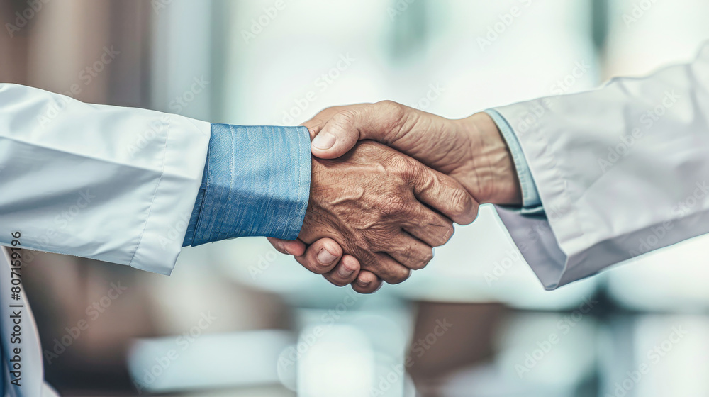 Two doctors shaking hands. The handshake is a symbol of trust and respect between the two professionals. Concept of professionalism and camaraderie in the medical field Two doctors shaking hands. The handshake is a symbol of trust and respect between the two professionals. Concept of professionalism and camaraderie in the medical field