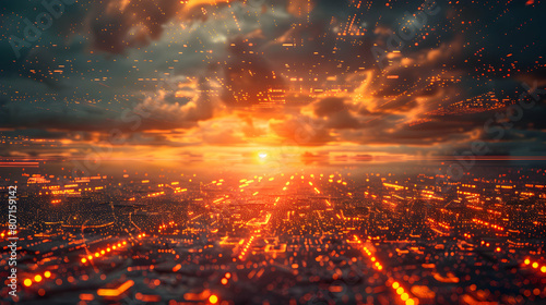 Photo realistic Cybernetic Sunrise: A landscape capturing the dawn of the digital age with abstract sunrays